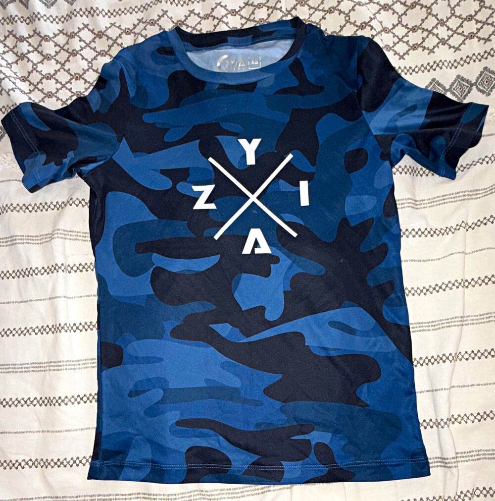 Zyia Active Short Sleeve Crew Neck Blue/Black Camo Polyester Lightweight XS